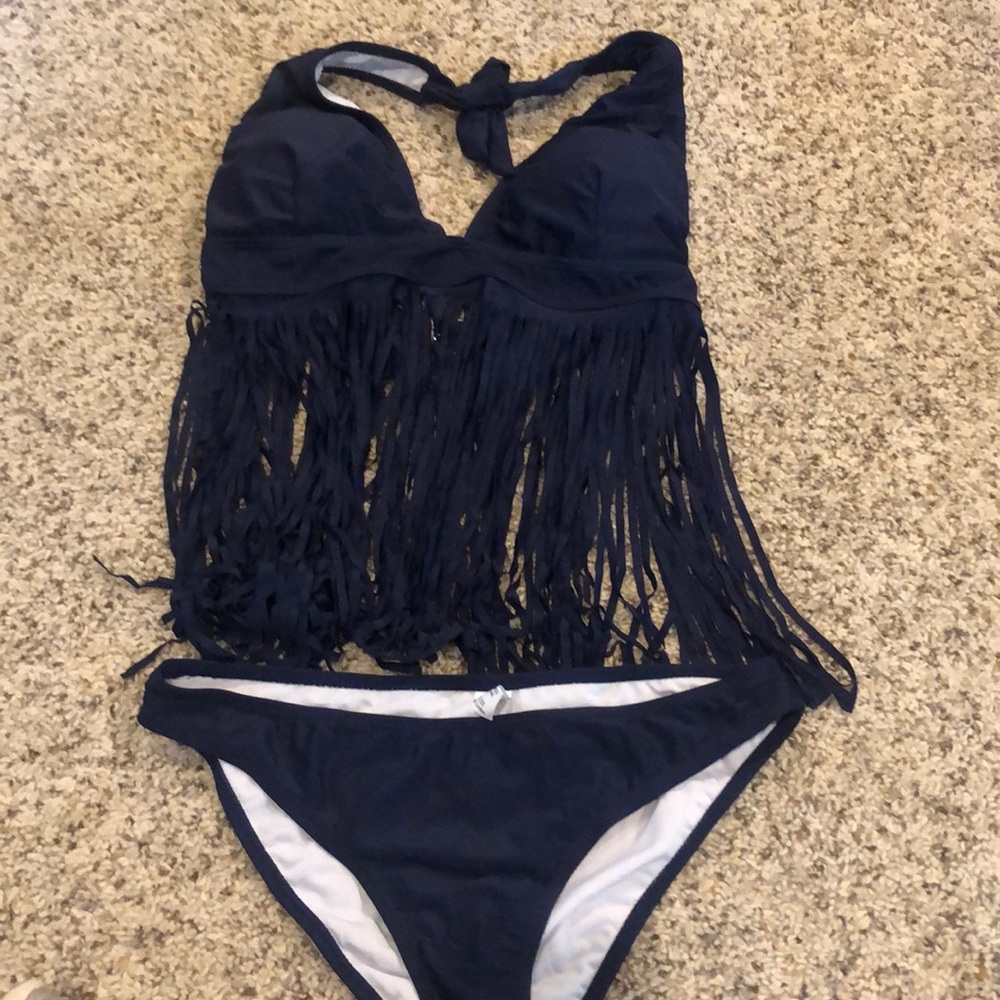 Size medium navy fringe flowy tankini 2 piece